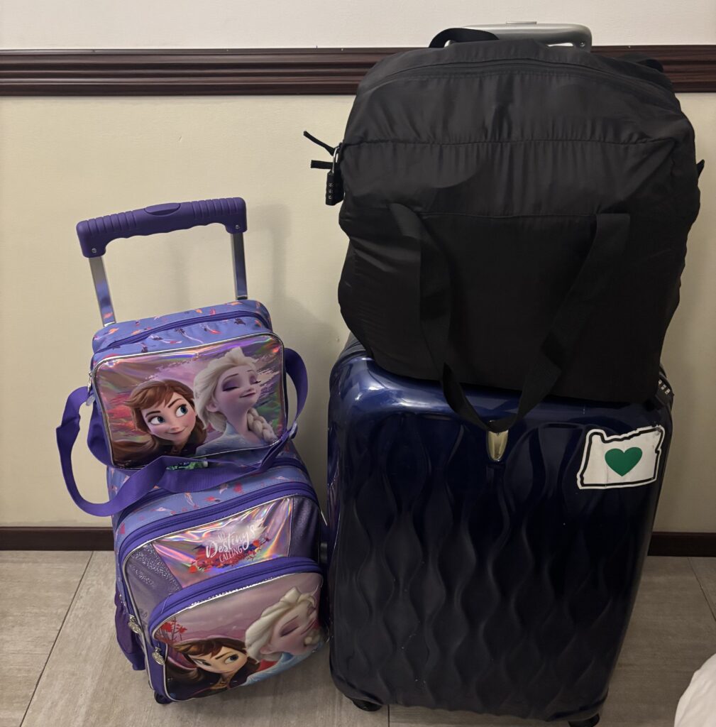 帰りの荷物の様子。スーツケースが2つとボストンバッグが1つ。子供用の持ち込み用のバッグが1つ